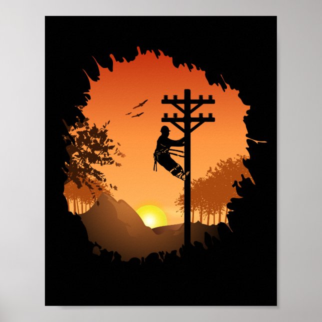 Poster Retro Lineman Coucher de soleil Père Câble électri (Devant)