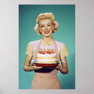 Poster Retro Maman tient un gâteau de fête