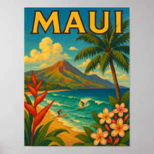 Poster Retro Maui Hawaii Surfer Paradise Travel