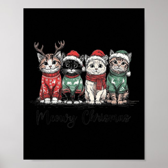 Poster Retro Meowy Christmas Cute Cats With Santa Claus H (Devant)