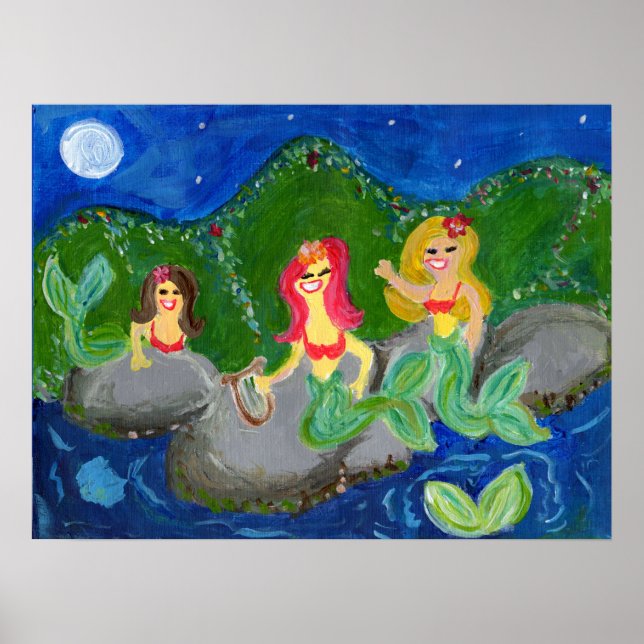Poster Retro Mermaid Grotto Folk Art (Devant)