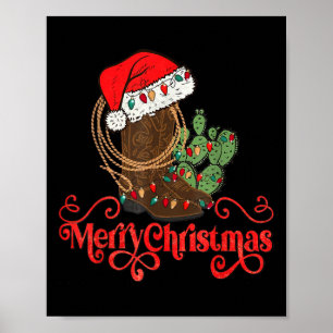 Poster Retro Merry Xmas Santa Hat Cowboy Botte Western Ch