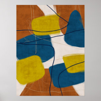 Poster Retro Mid Century Brown et Bleu Moderne Abstrait