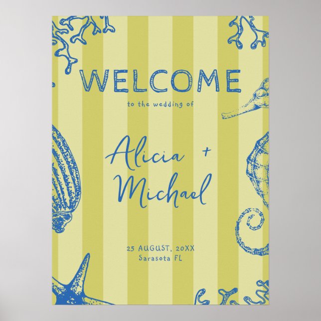 Poster Retro modern beach striped wedding welcome sign (Devant)