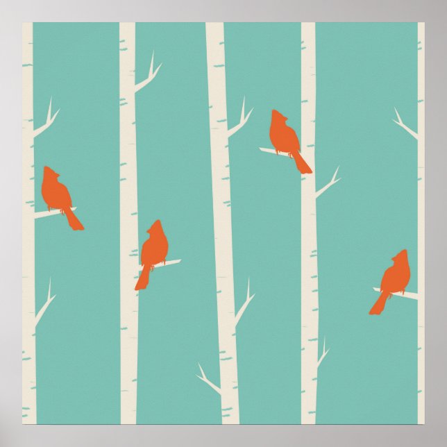 Poster Rétro Orange Birds on Birch Trees (Devant)