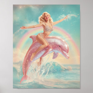 Poster Retro Pin-Up Girl à cheval un Dauphin rose étincel