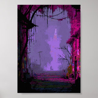 Poster Rétro Pixel Art Envahi par la végétation Dystopiqu