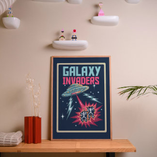 Poster Retro Pixel Art Neon Pink and Teal Galaxy Invaders