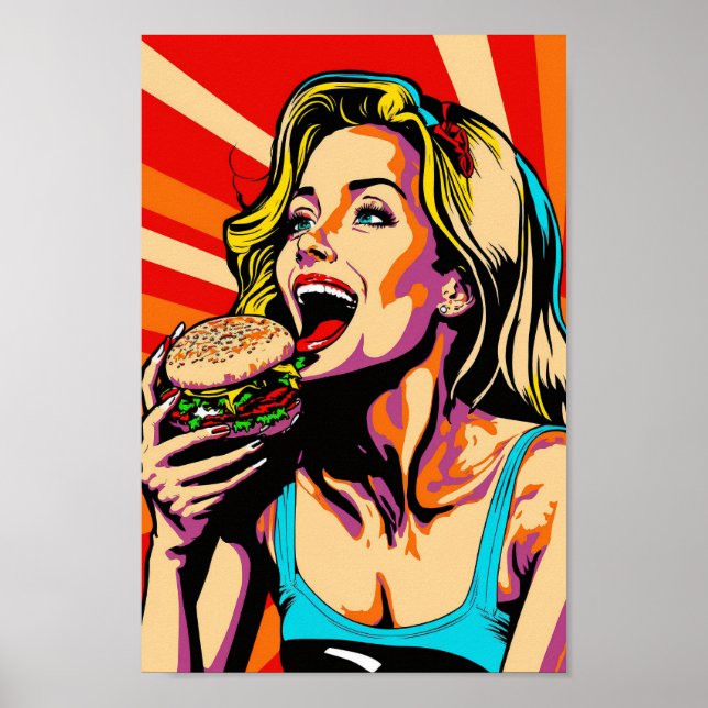 Poster Retro Pop Art Girl Manger Burger (Devant)
