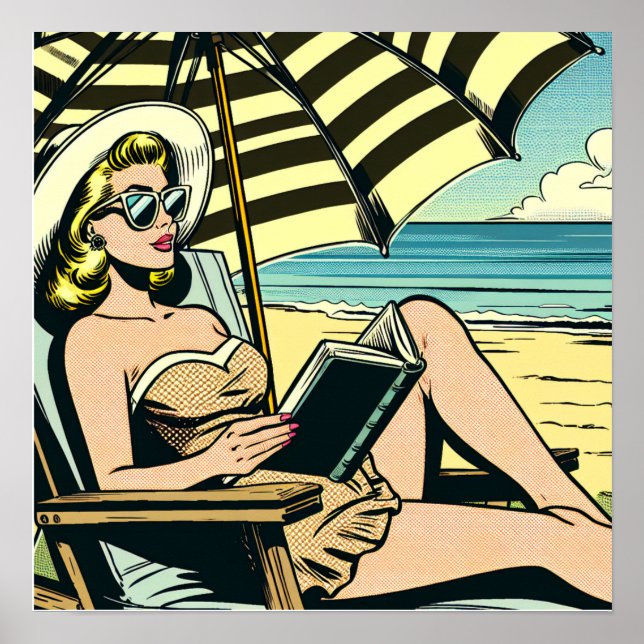 Poster Retro Pop Art Lady sur la plage (Devant)