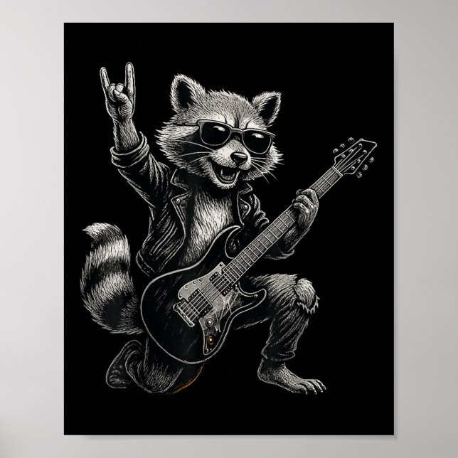 Poster Retro Raccoon Rock Music Cadeau Hommes Enfants Fem (Devant)