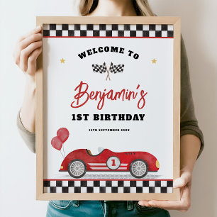 Poster Retro Red Race Car Fast One Anniversaire Bienvenue