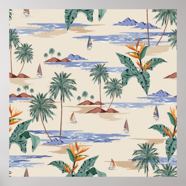 Poster Retro sans couture motif d'île tropicale à la lumi (Devant)