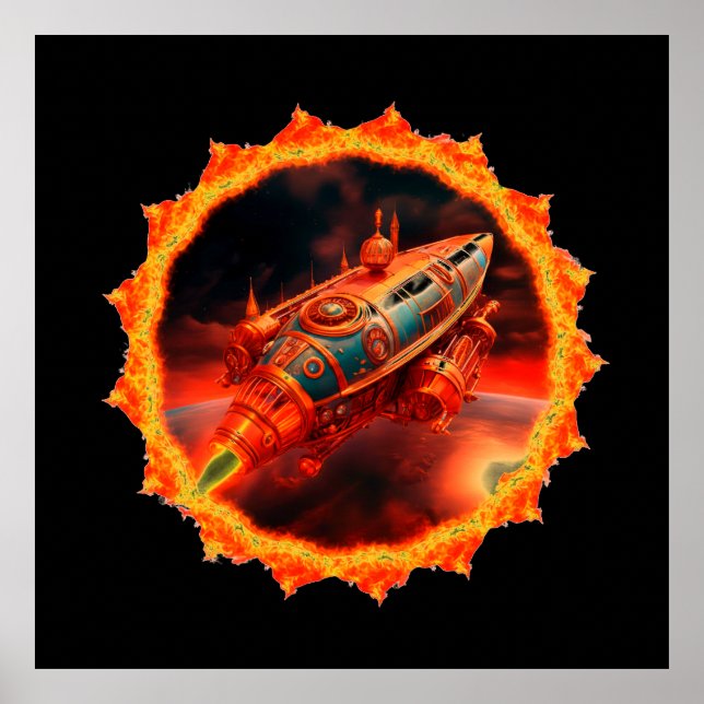 Poster Retro Steampunk Moon Rocket (Devant)