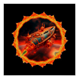 Poster Retro Steampunk Moon Rocket