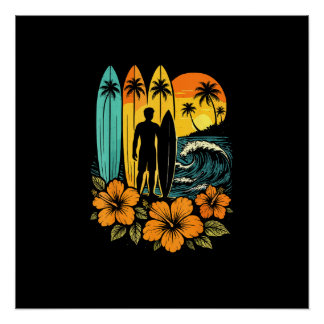 Poster Retro Surf Beach Sunset Tropical