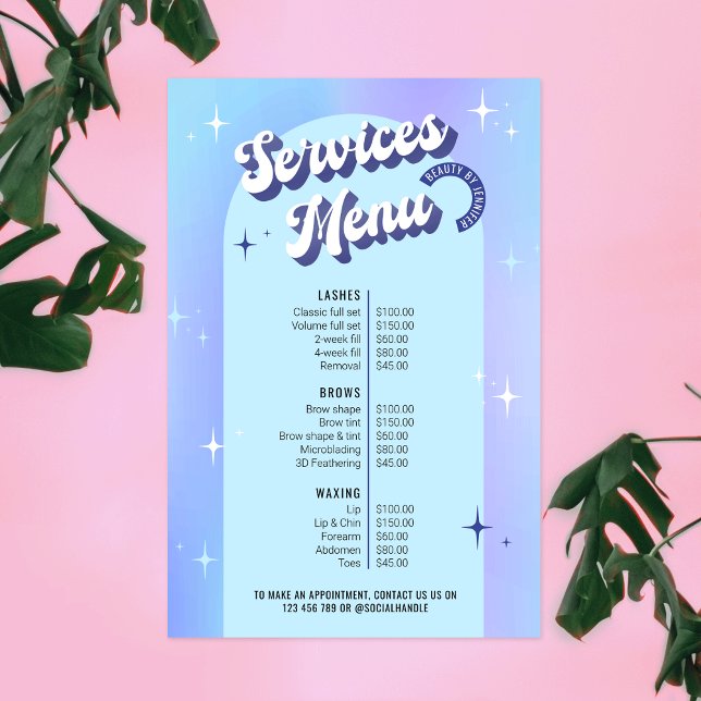 Poster Retro tendance Blue Holographic Salon Services Men (Retro style price list poster / digital menu featuring groovy fonts and trendy blue design)