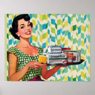 Poster Retro Vintage 50's femme au foyer tenant de la nou