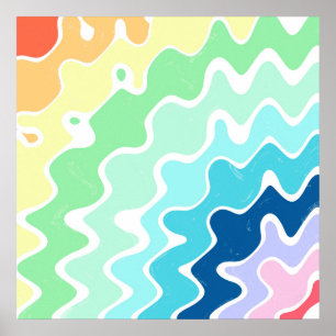Poster Retro Wavy Lines Pastel Rainbow Colors Motif