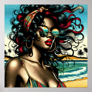 Poster Retro Woman on Beach Comédie Style Pop Art