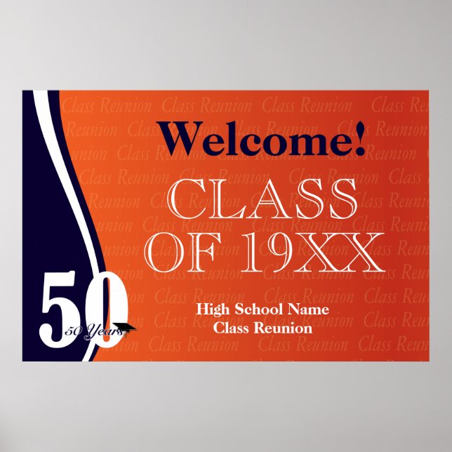 Poster Réunion de classe de 50 ans en orange et bleu (Devant)