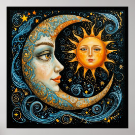 Poster Rêve céleste fantaisiste : Lune et Soleil. Art
