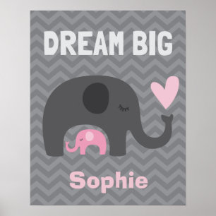 Poster Rêve Grand Petit - Éléphants Gris et Rose