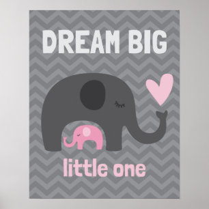 Poster Rêve Grand Petit Un - Éléphants Gris et Rose