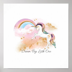 Poster Rêve Grand, Petite Licorne et Arc-en-Ciel