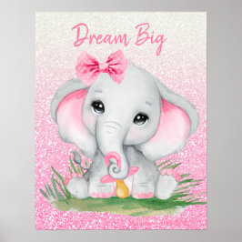 Poster Rêve Mignon Grand Éléphant Fille Paillettes Roses 