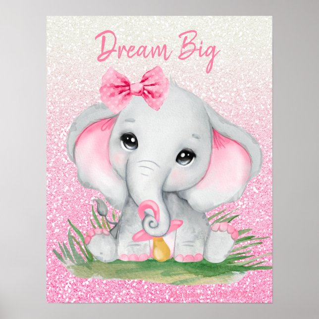 Poster Rêve Mignon Grand Éléphant Fille Paillettes Roses  (Devant)