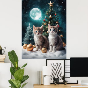 Poster Réveillon de Noël magique avec chatons par arbre