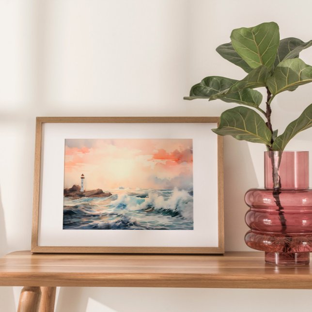 Poster Rêves de phare : Peinture d'aquarelle côtière (Embark on a visual journey to tranquil shores with a mesmerizing watercolor painting.)