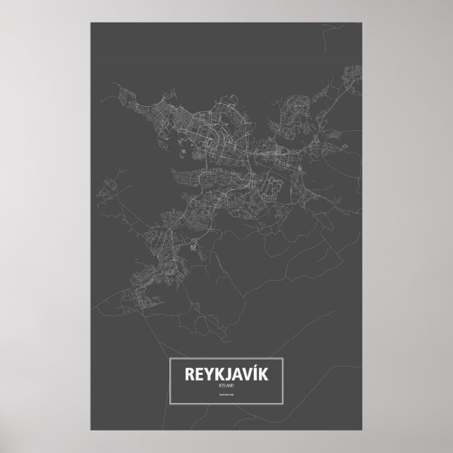 Poster Reykjavik, Islande (blanc sur noir) (Devant)