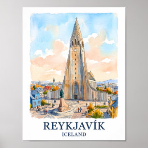 Poster Reykjavik Islande Église Aquarelle Toit Voyage