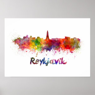 Poster Reykjavik skyline in watercolor