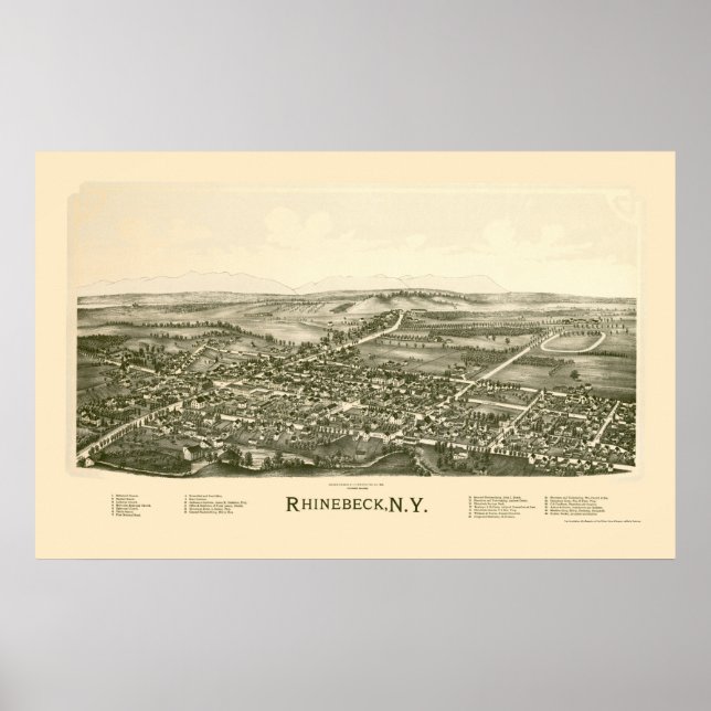 Poster Rhinebeck, NY Carte panoramique - 1890 (Devant)
