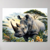 Rhinoceros Botanique Floral Aquarelle Art