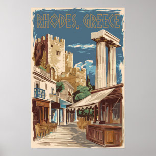 Poster Rhodes Grèce Ruines Voyages Art Vintage