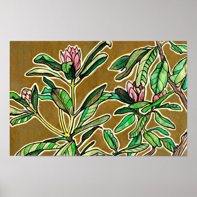 Poster Rhododendron Azalea Fleurs de printemps Croquis fl (Devant)
