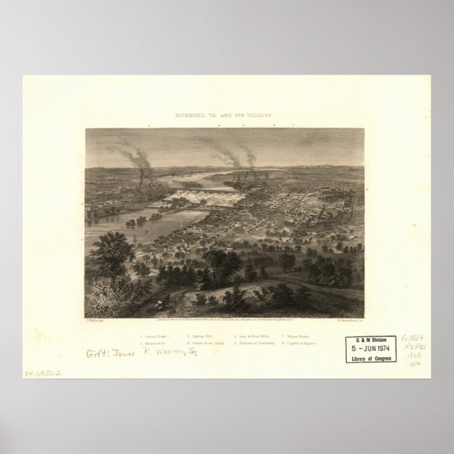 Poster Richmond Virginia 1863 Carte panoramique antique (Devant)
