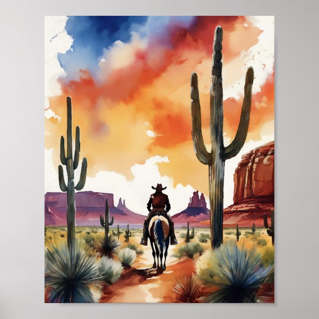 Poster Rider à Dusk Cowboy Western Watercolor (Devant)