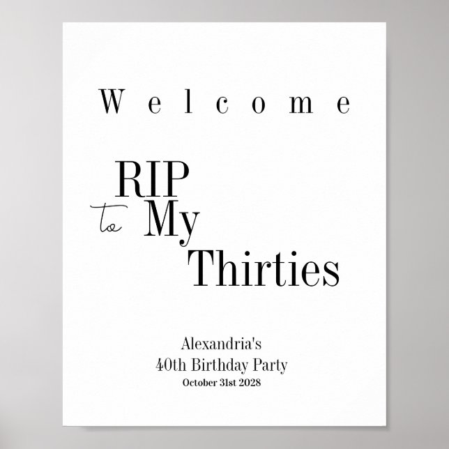 Poster RIP 30s Party 40th Birthday Welcome (Devant)