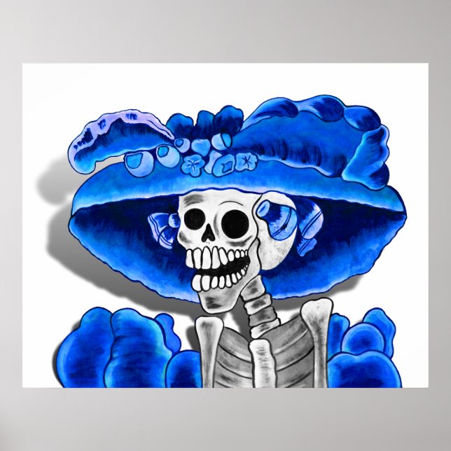 Poster Rire Skeleton Woman dans Blue Bonnet (Devant)