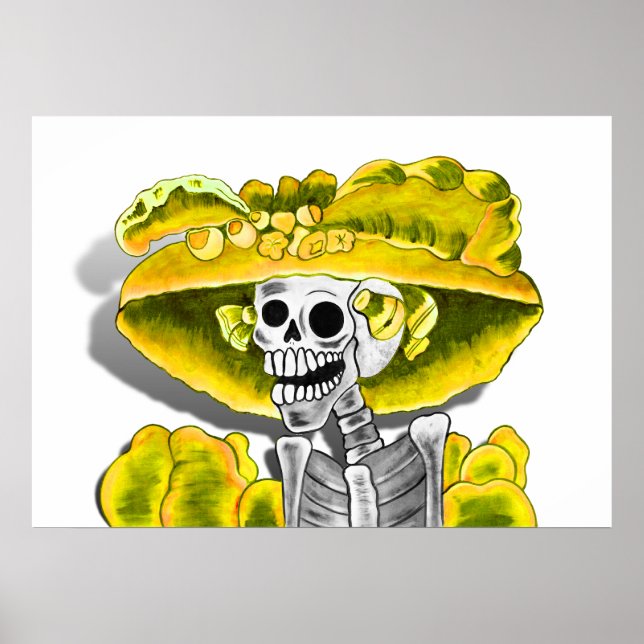 Poster Rire Skeleton Woman dans Yellow Bonnet (Devant)