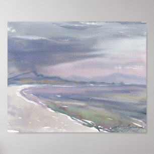Poster Rivage courbe tranquille et ciel gris aquarelle