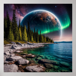 Poster Rivage forestier sous un ciel cosmique avec aurore