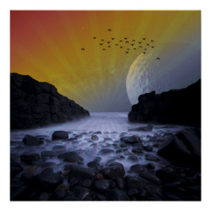 POSTER RIVAGE ROCHEUX DE LA MER COIN VINTAGE LUNE COUCHER