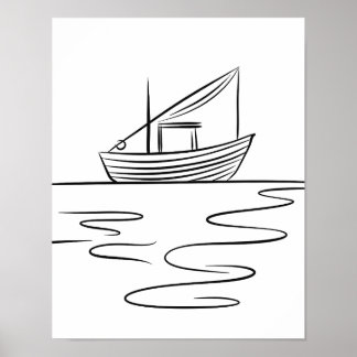 Poster River Fishing Boat Line Art