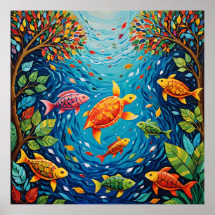 Poster River of Life - Gond Art with Fish, Birds and Tur